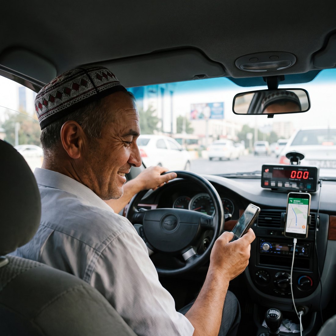 Taksi haydovchisi AKJET ilovasida buyurtmani qabul qilmoqda